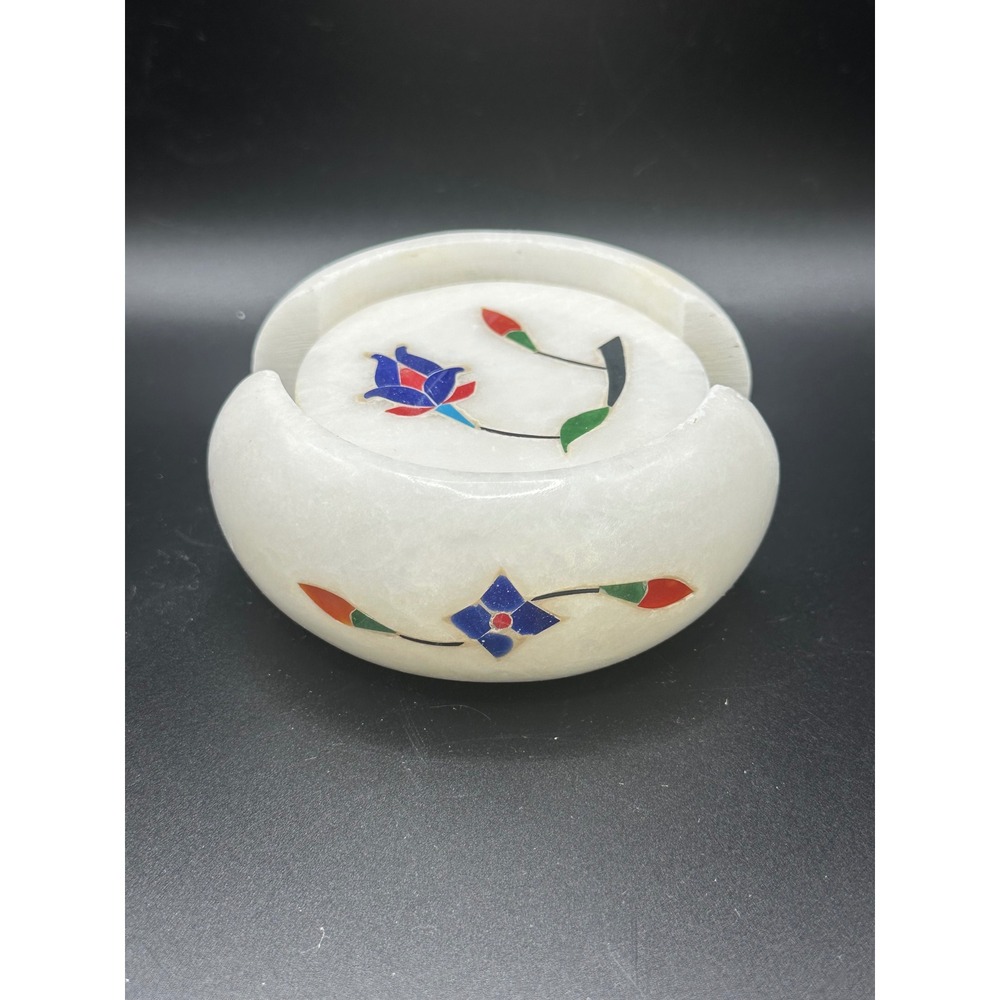 White Marble Coaster Set Floral Stone Inlay Pietra Dura 4 Coasters with Holder